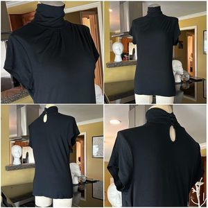 The Limited Black Knit Drape Chest Cap Sleeve Buttoned Neck Mockneck Blouse